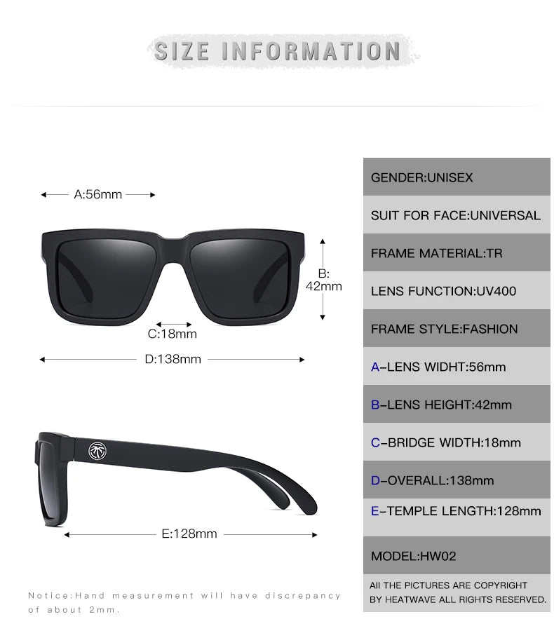 HEAT WAVE HD Polarized Sunglasses For Men Sports Eyewear Mirror Square Sun Glasses Fashion Women Shades UV400 Black Goggles