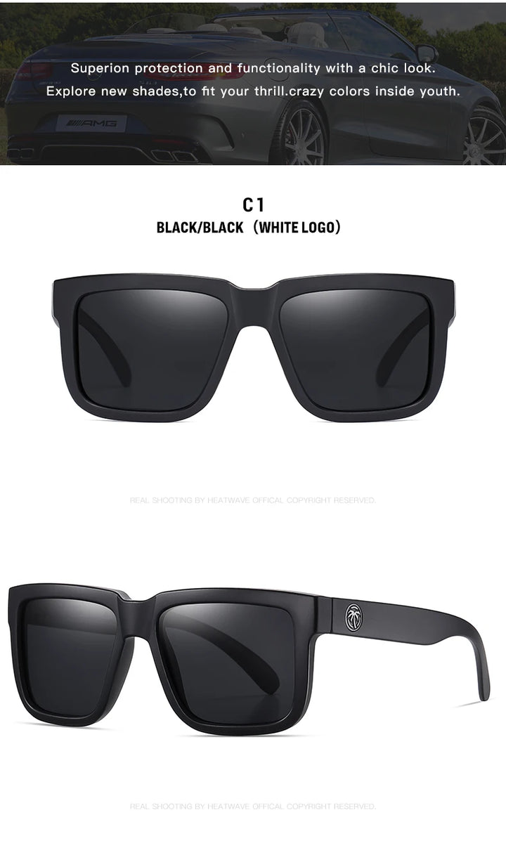 HEAT WAVE HD Polarized Sunglasses For Men Sports Eyewear Mirror Square Sun Glasses Fashion Women Shades UV400 Black Goggles