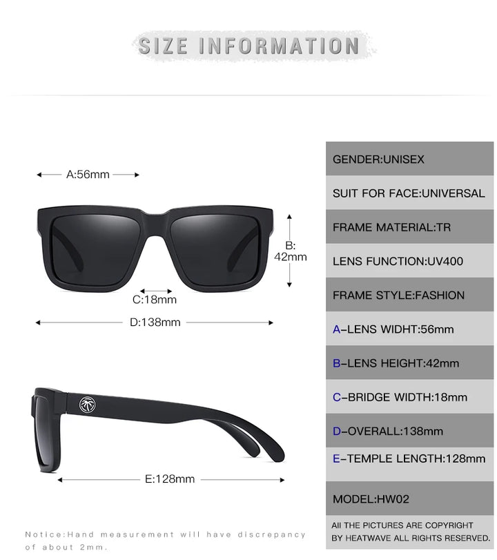 HEAT WAVE HD Polarized Sunglasses For Men Sports Eyewear Mirror Square Sun Glasses Fashion Women Shades UV400 Black Goggles