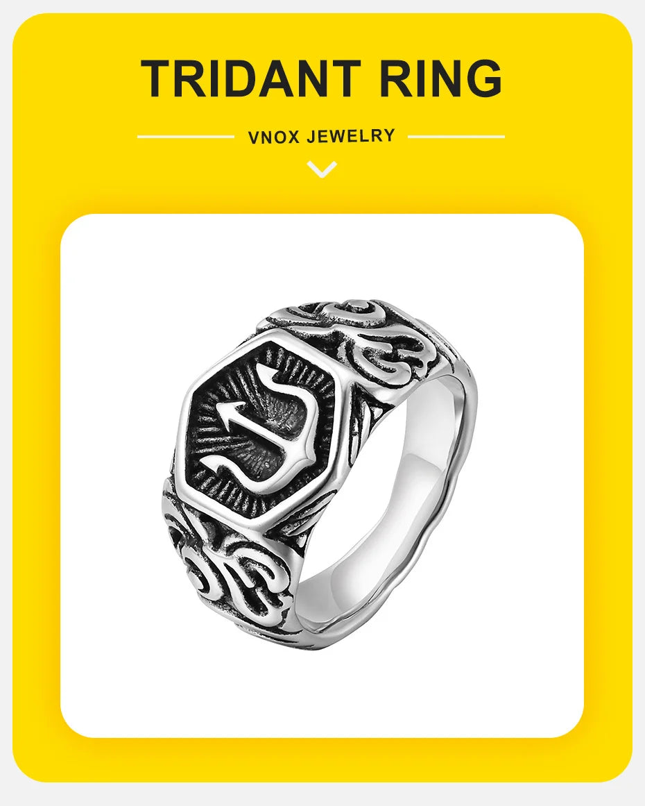 Vnox 13mm Tridant Signet Ring for Men, Stainless Steel Geometric Top Stamp Finger Band, Cool Real Man Jewelry