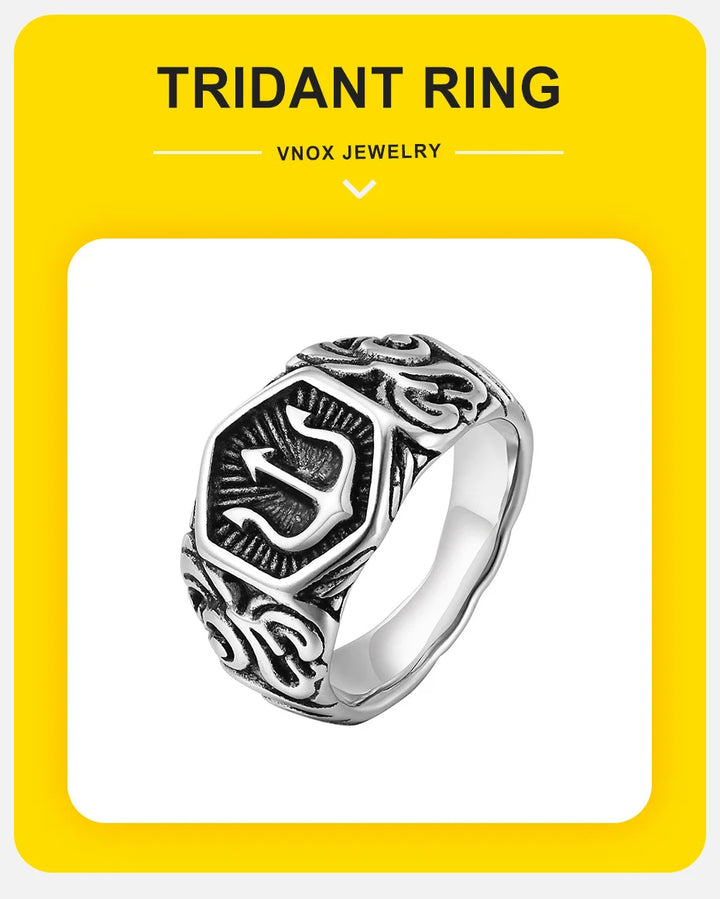 Vnox 13mm Tridant Signet Ring for Men, Stainless Steel Geometric Top Stamp Finger Band, Cool Real Man Jewelry