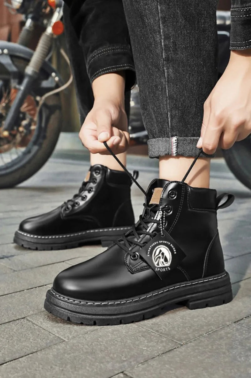 Men Leather Shoes High Top Boots Fashion Motorcycle Ankle Boots Men Winter Boots Man Shoes Lace-Up Botas Hombre Spring Hot Sale