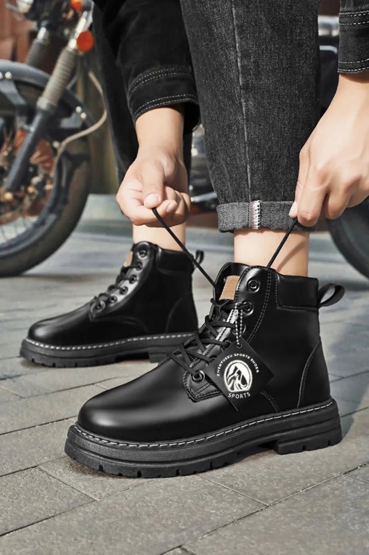Men Leather Shoes High Top Boots Fashion Motorcycle Ankle Boots Men Winter Boots Man Shoes Lace-Up Botas Hombre Spring Hot Sale
