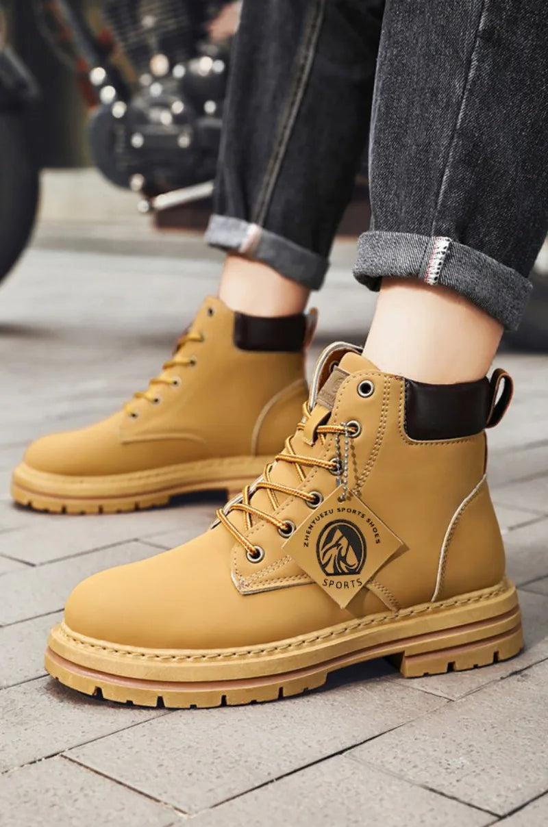 Men Leather Shoes High Top Boots Fashion Motorcycle Ankle Boots Men Winter Boots Man Shoes Lace-Up Botas Hombre Spring Hot Sale