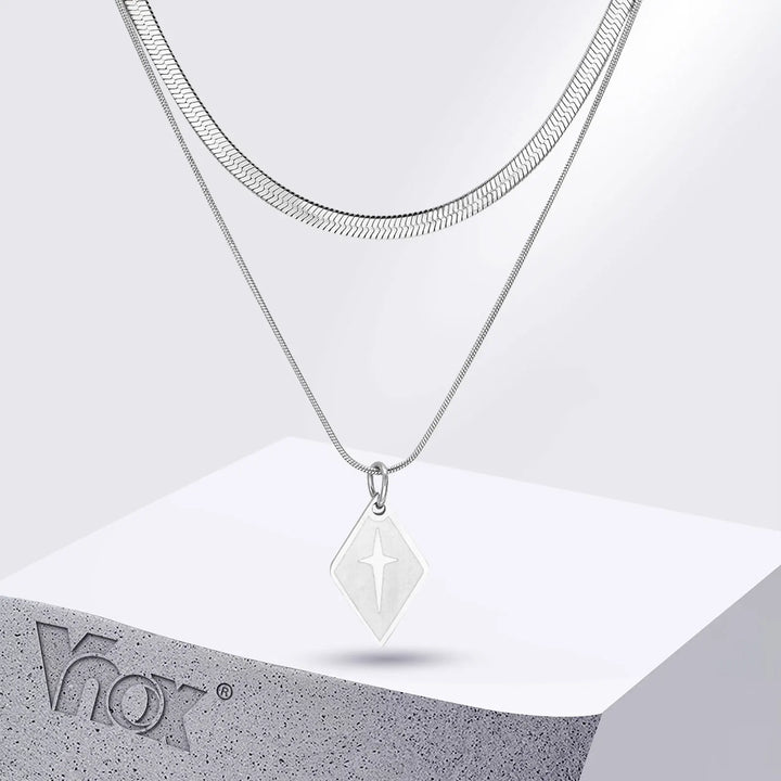 Vnox Layering Unisex Ring, Herringbone Snake Chain Necklaces, Geometric Rhombus Cross Pendant Collar, Stacked Jewelry