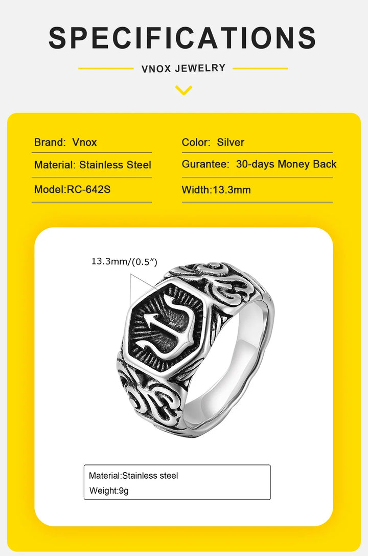 Vnox 13mm Tridant Signet Ring for Men, Stainless Steel Geometric Top Stamp Finger Band, Cool Real Man Jewelry