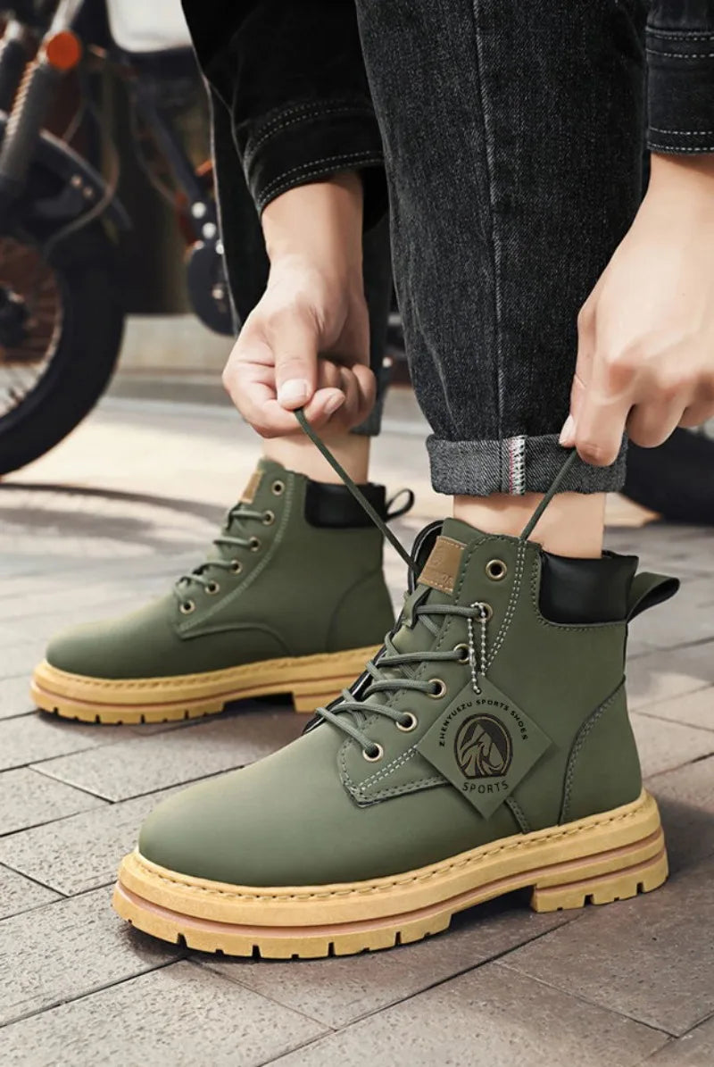Men Leather Shoes High Top Boots Fashion Motorcycle Ankle Boots Men Winter Boots Man Shoes Lace-Up Botas Hombre Spring Hot Sale