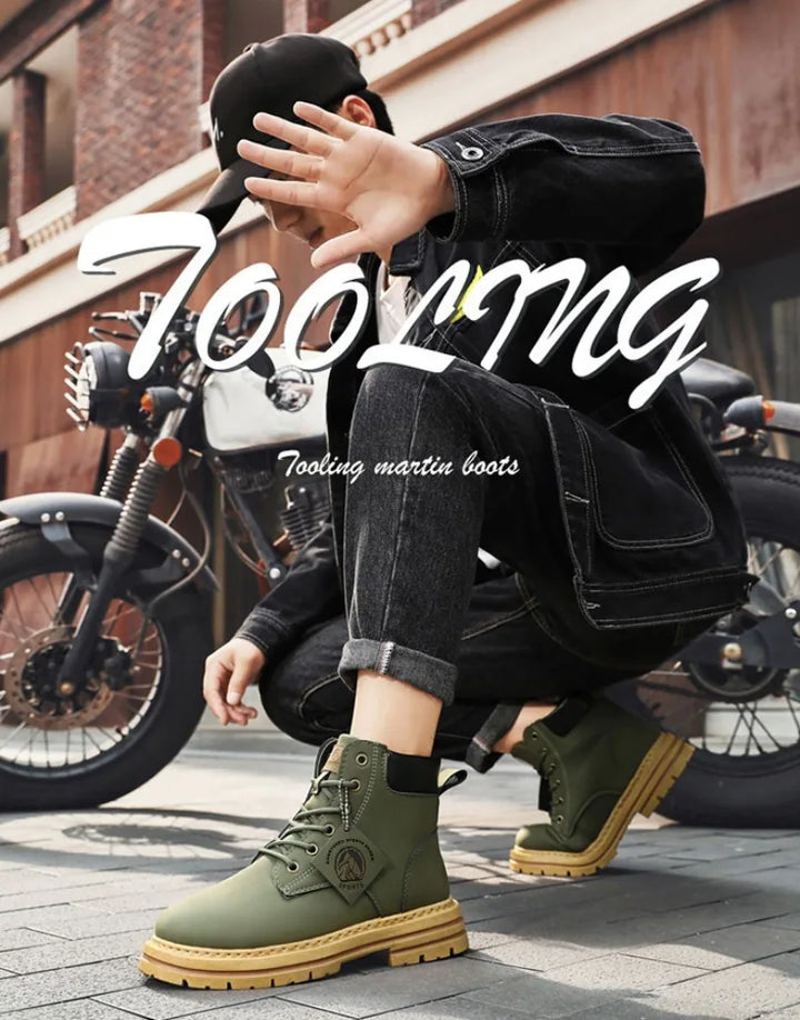 Men Leather Shoes High Top Boots Fashion Motorcycle Ankle Boots Men Winter Boots Man Shoes Lace-Up Botas Hombre Spring Hot Sale