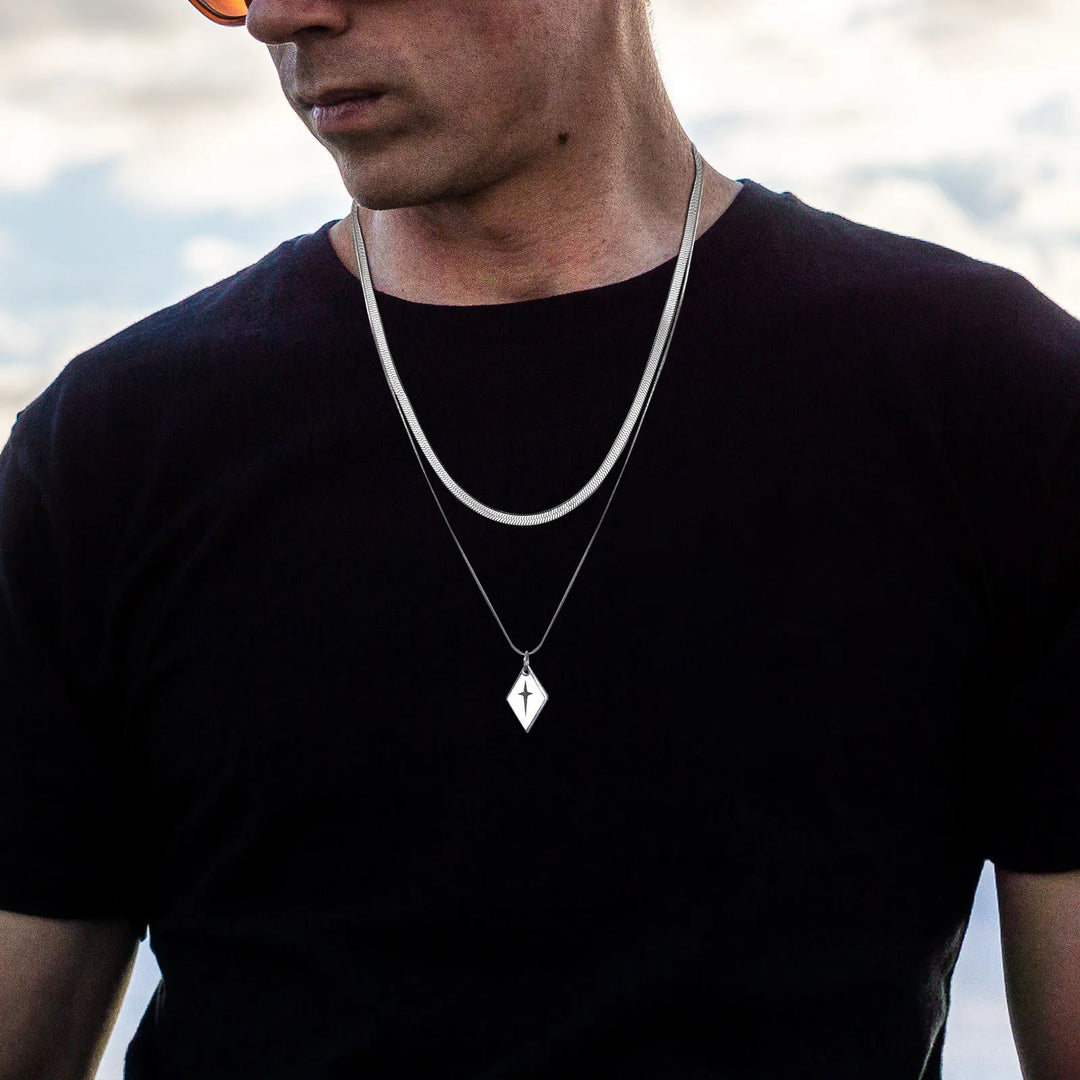 Vnox Layering Unisex Ring, Herringbone Snake Chain Necklaces, Geometric Rhombus Cross Pendant Collar, Stacked Jewelry