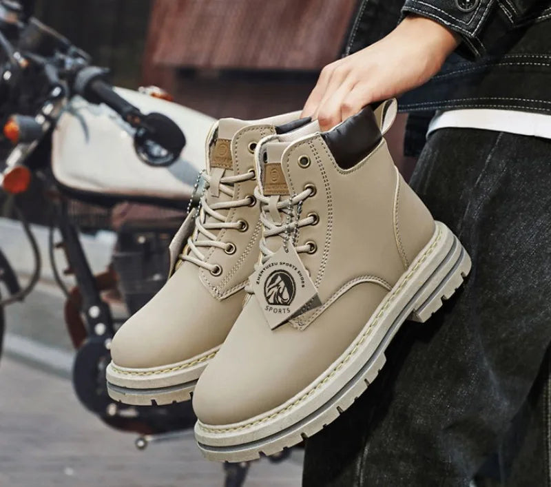 Men Leather Shoes High Top Boots Fashion Motorcycle Ankle Boots Men Winter Boots Man Shoes Lace-Up Botas Hombre Spring Hot Sale