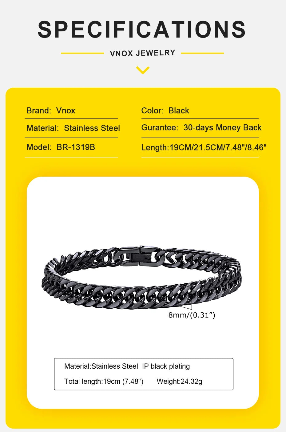 Vnox Men's Stainless Steel Link Chain Miami Cuban Bracelet