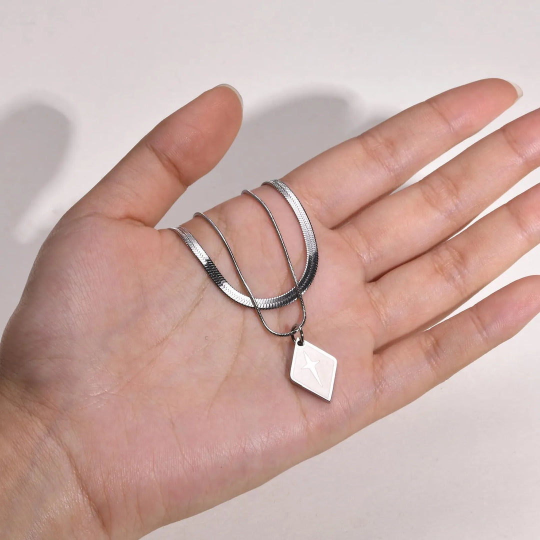 Vnox Layering Unisex Ring, Herringbone Snake Chain Necklaces, Geometric Rhombus Cross Pendant Collar, Stacked Jewelry