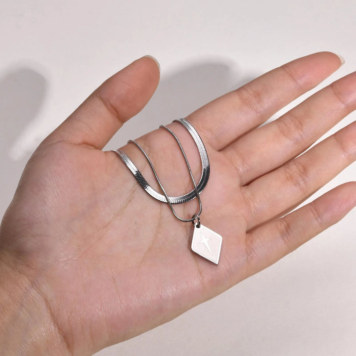 Vnox Layering Unisex Ring, Herringbone Snake Chain Necklaces, Geometric Rhombus Cross Pendant Collar, Stacked Jewelry