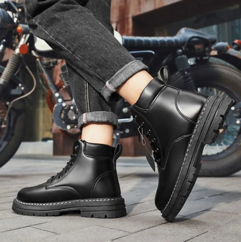 Men Leather Shoes High Top Boots Fashion Motorcycle Ankle Boots Men Winter Boots Man Shoes Lace-Up Botas Hombre Spring Hot Sale