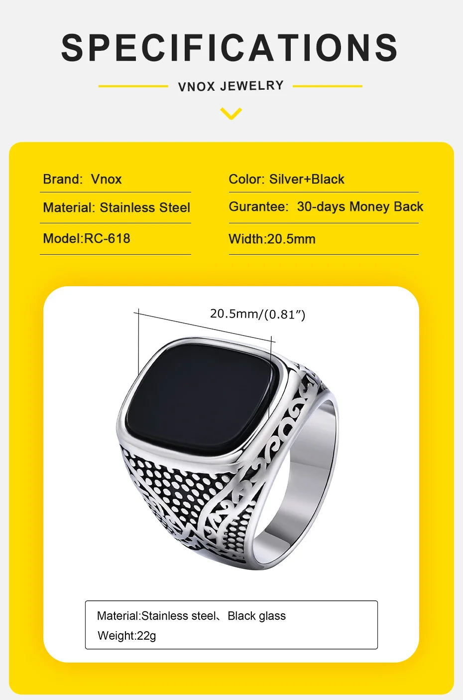 Vnox Rock Punk Onyx Stone Rings for Men, Stylish Solid Stainless Steel Metal Signet Ring,Cool Fashion Gifts for Him Jewelry