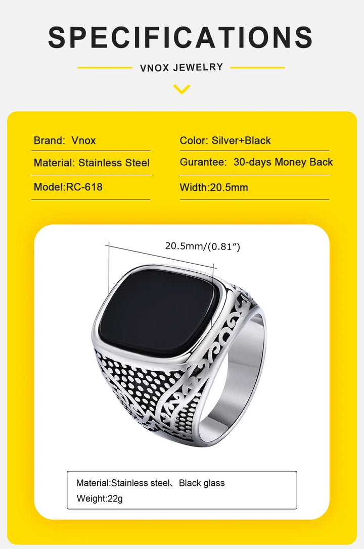 Vnox Rock Punk Onyx Stone Rings for Men, Stylish Solid Stainless Steel Metal Signet Ring,Cool Fashion Gifts for Him Jewelry