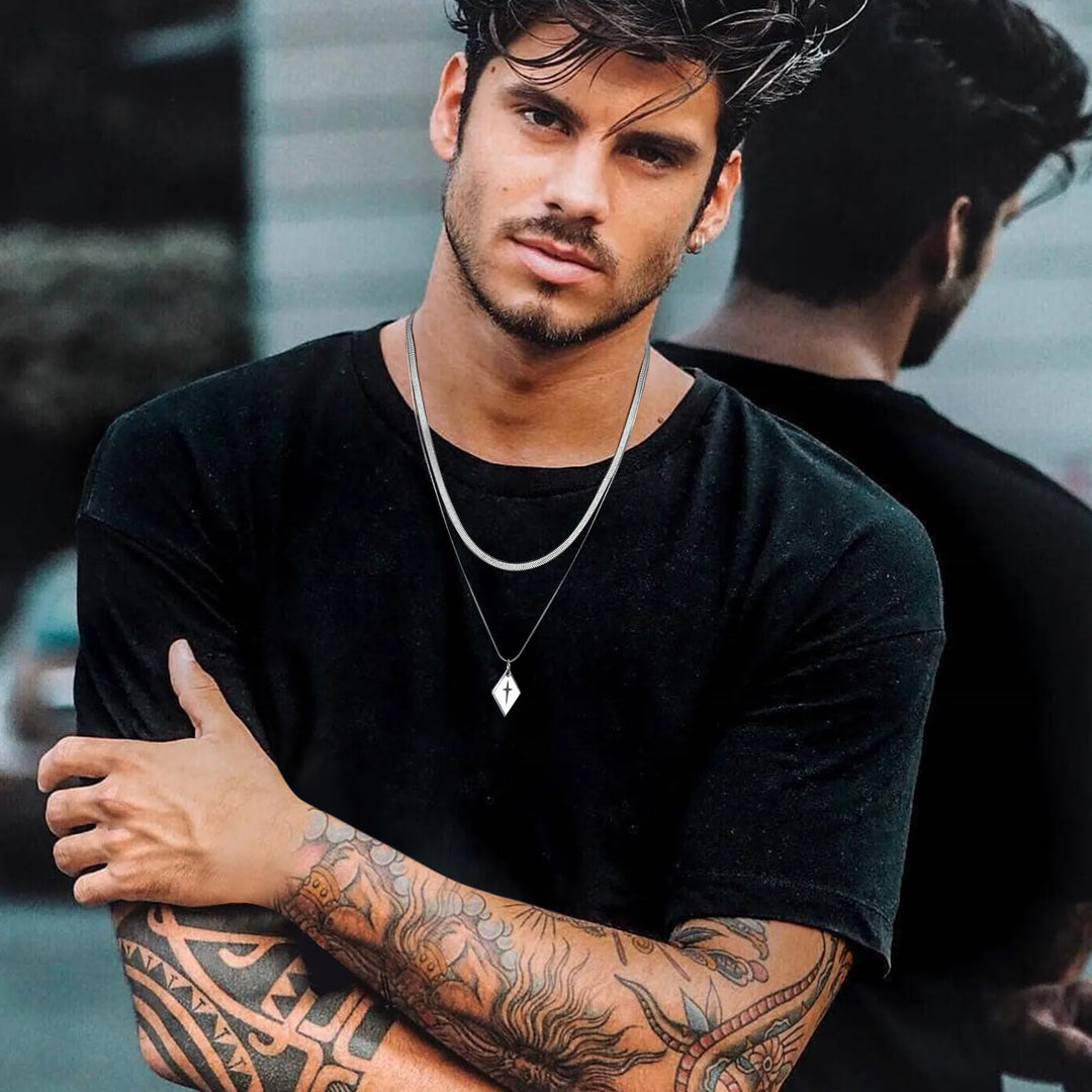 Vnox Layering  Snake Chain Necklaces, Geometric Rhombus Cross Pendant Collar, Stacked Jewelry