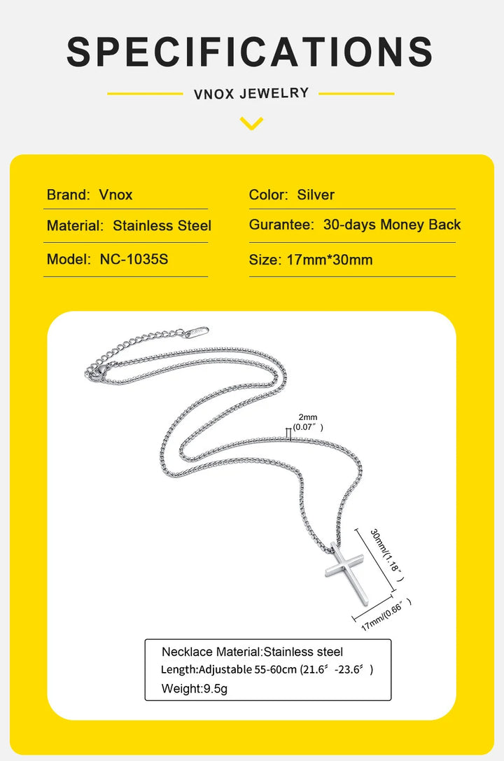 Vnox Mens Cross Necklaces, Stainless Steel Layered Plain Cross Pendant, Rope Box Chain Necklace, Simple Prayer Jesus Collar