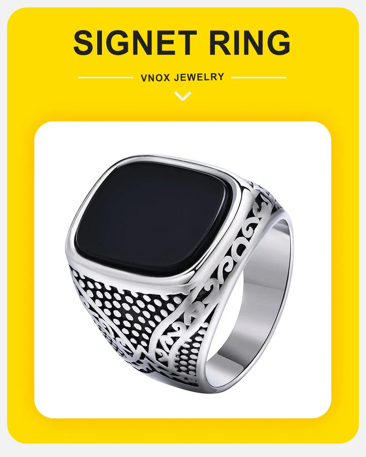 Vnox Rock Punk Onyx Stone Rings for Men, Stylish Solid Stainless Steel Metal Signet Ring,Cool Fashion Gifts for Him Jewelry